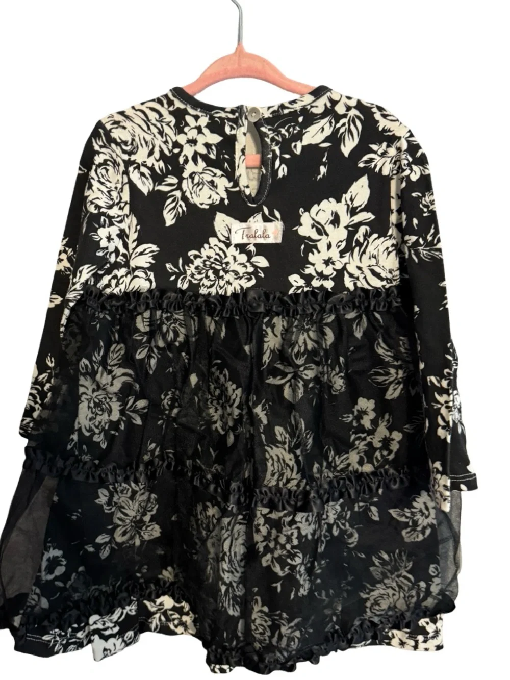 NWT Tralala Black & White Damask Tulle Tutu Dress Toddler Size 18M Long Sleeve